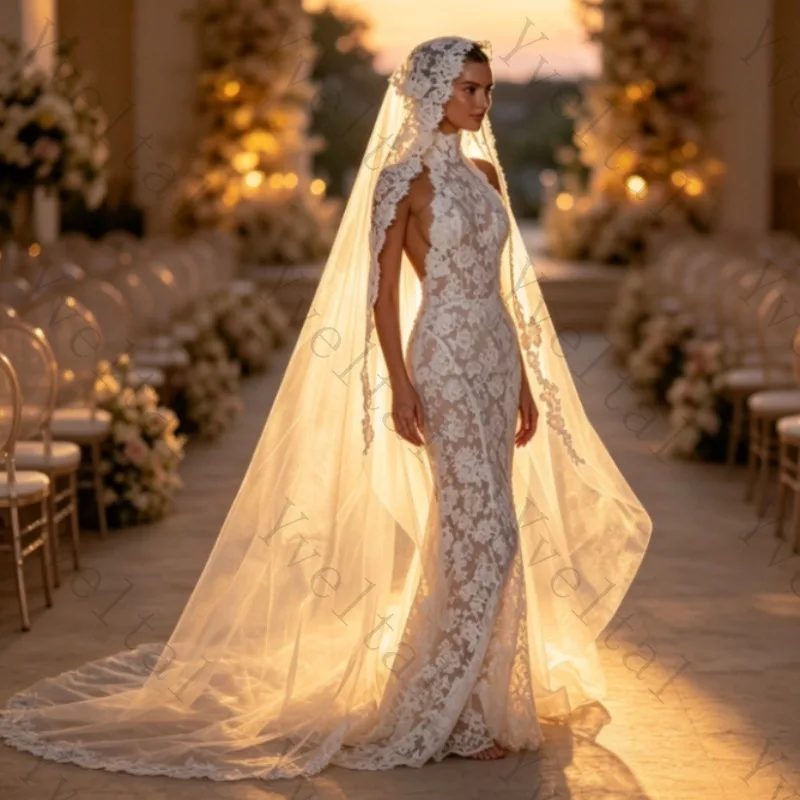 Customized Elegant Charming Temperament  Halter High Neck Wedding Dresses All Over Lace Backless Sexy Mermaid Bridal Gown