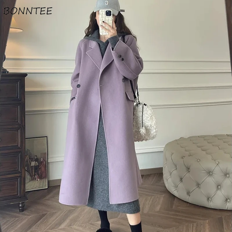 

Baggy Wool Coats Women Autumn Winter Double Breasted Keep Warm Pockets Korean Style Trendy Daily Simple Windbreak Tender Blends