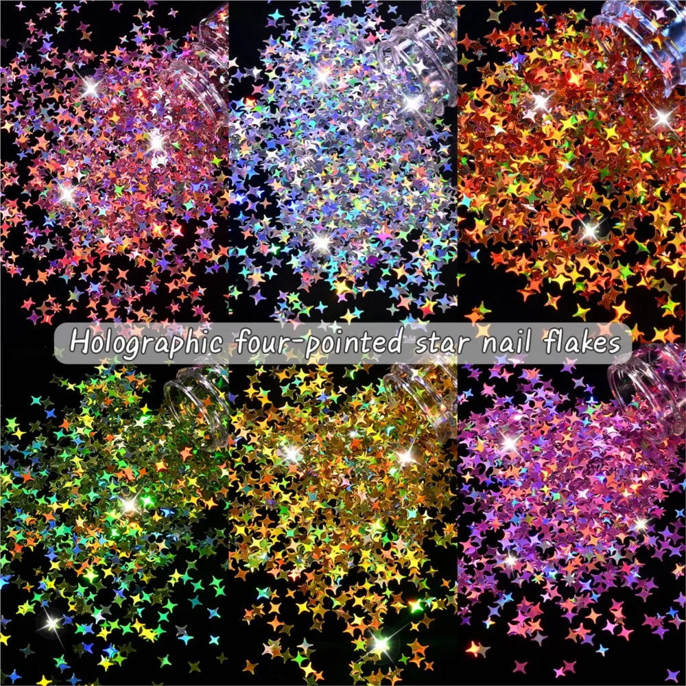 12pcs Holographic Four-Pointed Star Nail Glitter Flakes Iridescent Quadrifid Star Nail Sequins for DIY Nails Crafts Party Decor