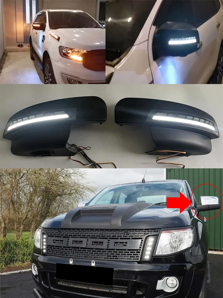 

LED Rear View Mirror Cover For Ranger T6 T7 T8 2012-2022 XL XLS Wildtrak Raptor Car Mirror Trims DRL +Turn Signal Lights