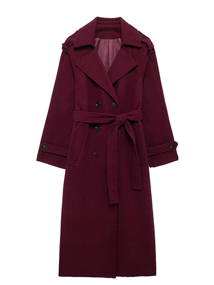 Street Women\'s Burgundy Woolen Overcoat With Belt Vintage Lapel Double Breasted Long Coat 2024 Autumn Winter Lady Chic Outwear