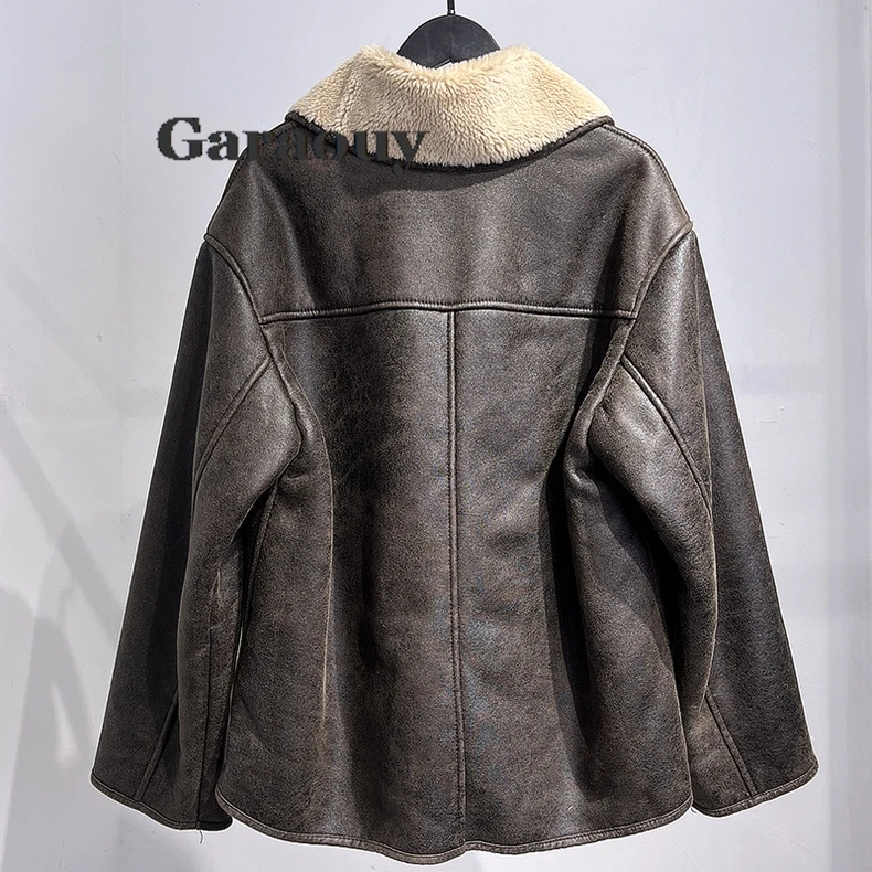 Garaouy Woman Retro Faux Leather Jacket Female Streetwear Turn-Down Collar Long Sleeve Pocket Single Breasted Winter Thick Coats