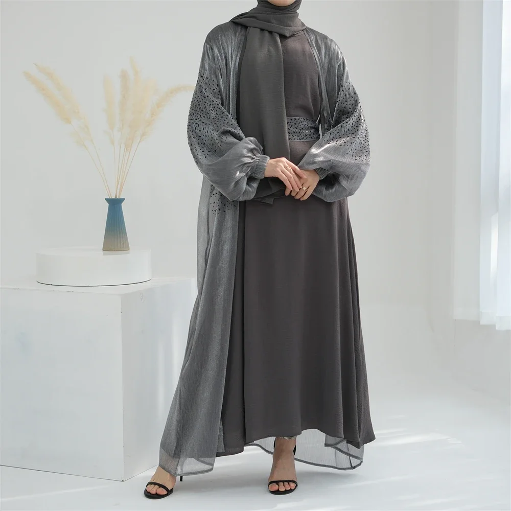 Kimono Abaya Dubai Luxury Diamonds Shiny Puff Sleeves Saudi Women Open Abayas for Daily Muslim Wear Hijab Dress Islamic Clothing