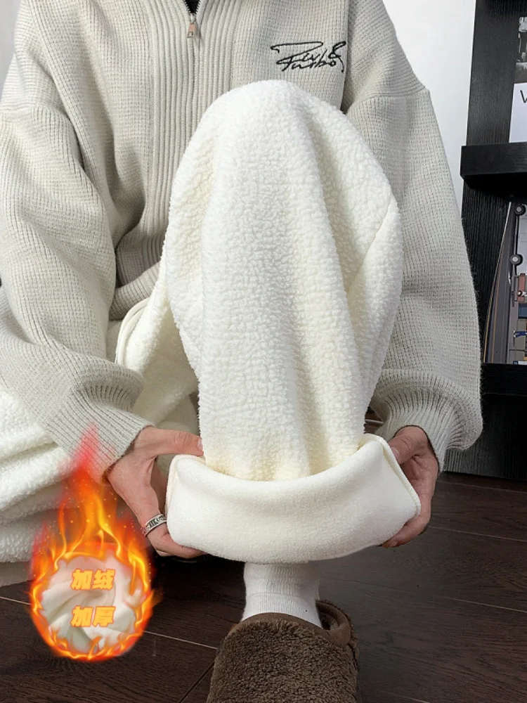 

Lamb Velvet Men's Winter Thiened Warm Cotton Pants Straight Leg American Sle Knife Pants Youth Casual Trousers