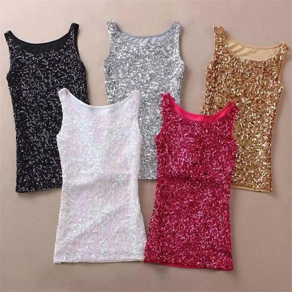 Women Sequin Tank Top Sparkling Sequin Tank Top for Women Slim Fit O Neck Vest with Elastic Waistband Shiny Stage Show