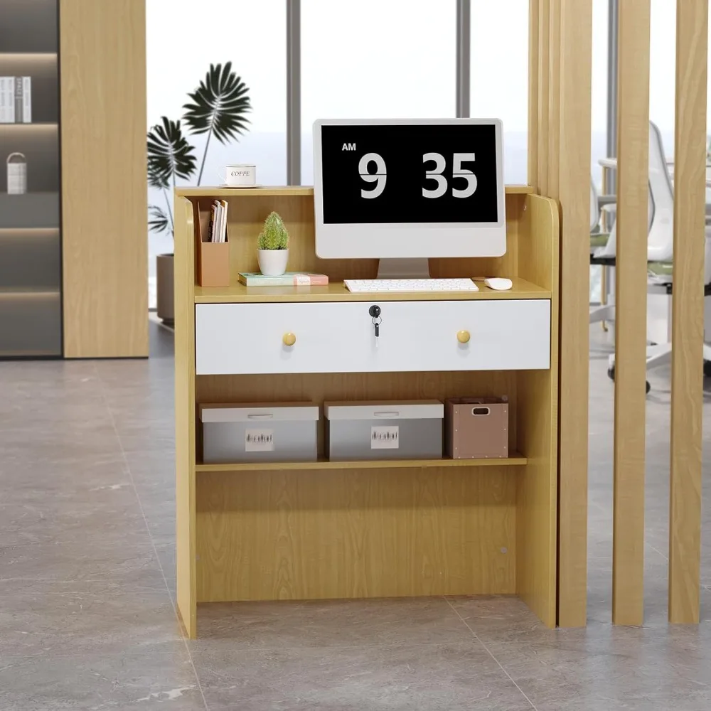 مكتب استقبال مع عداد، مكتب أمامي صغير مع درج قابل للقفل، طاولة استقبال خشبية حديثة لمكتب ردهة الصالون H #2