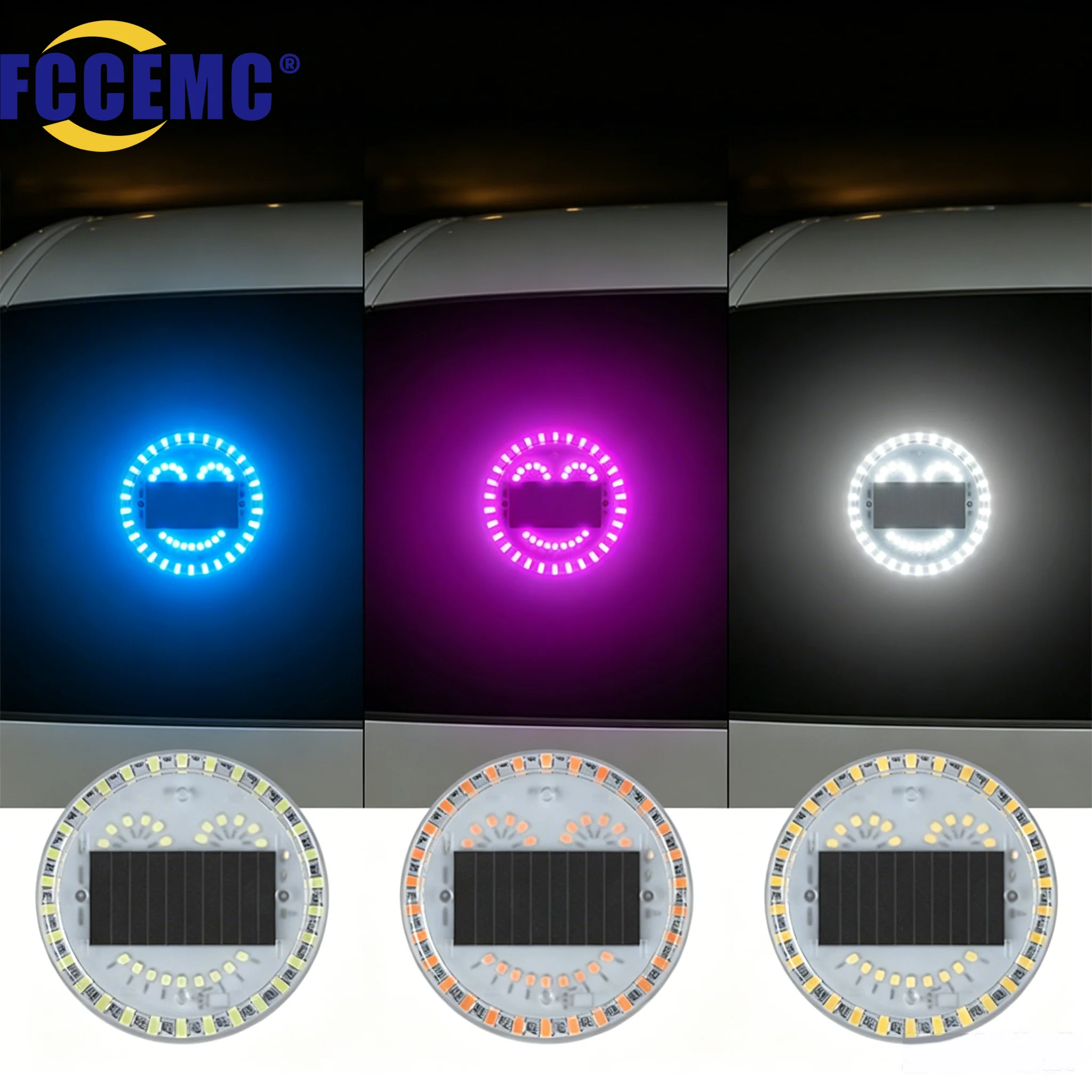 Solar Powered Car Smiley Face LED Warning Light Suction Cup Wireless Rear Window Light Windshield Flashing Atmosphere Lamp