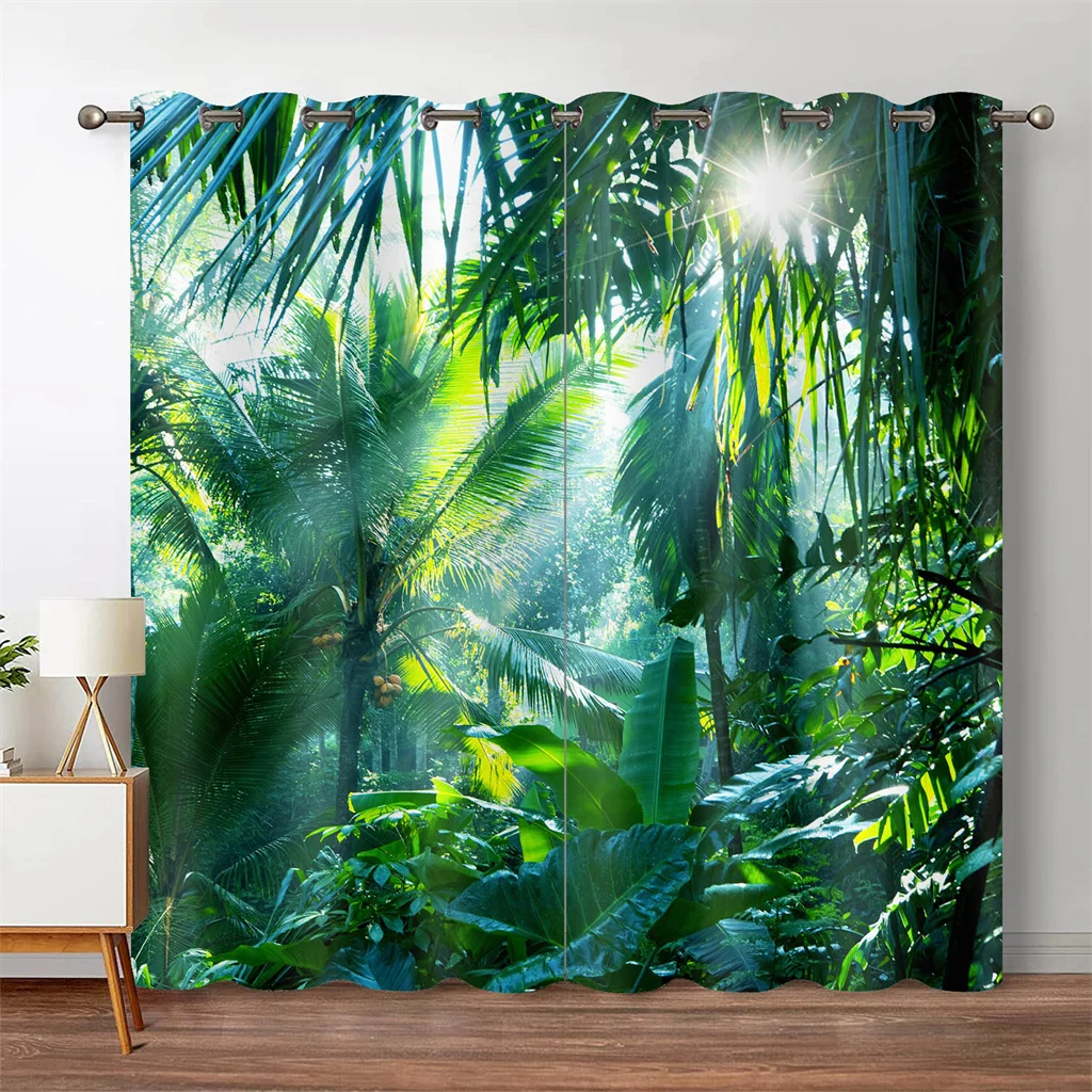 Forest Jungle Tree Natural Scenery Landscape Thin Window Shading Curtains For Living Room Kitchen Bedroom Waterfall 2pcs Decor