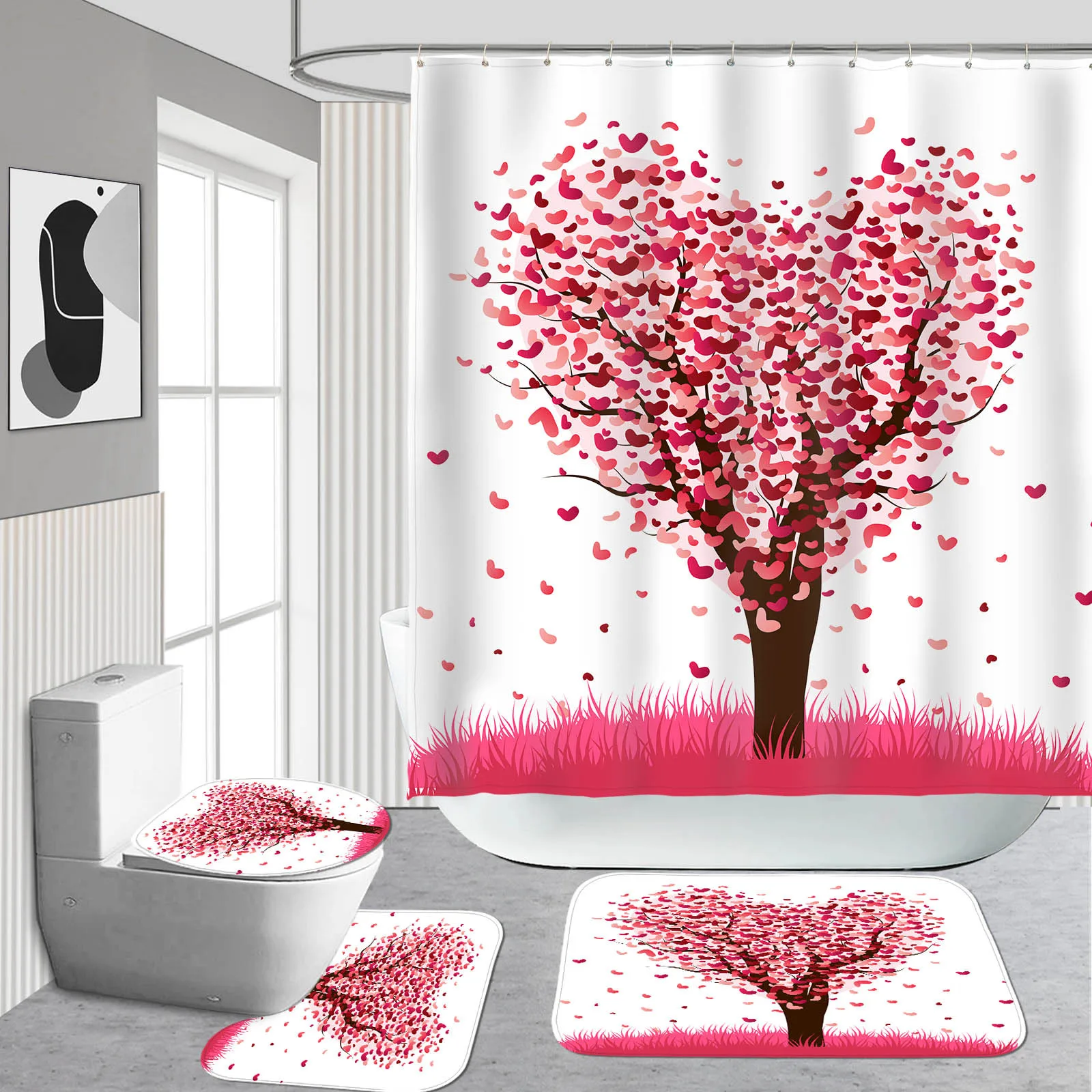 

Holiday decoration love tree Valentine's Day 4-piece shower curtain set, comfortable toilet U-shaped mat, toilet seat cushion