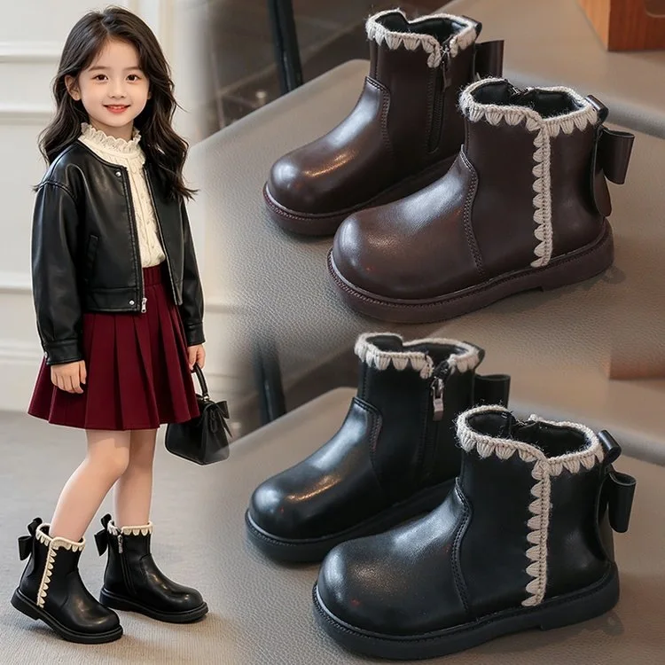 Girls Ankle Boots with Back Bow-knot Kids Short Boots Soft Sole 2026 New Girls' Princess Leather Boots with Warm Cotton Side Zip