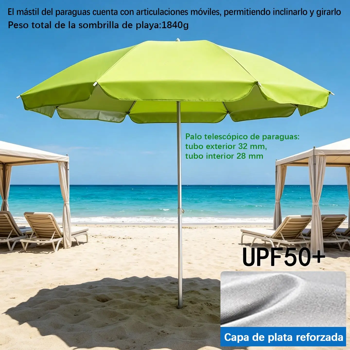 Sombrilla de Playa Multicolor / Parasol para Exteriores UPF50+ / Sombrilla de Jardín Anti-UV / Parasol de Playa Ajustable / Sombra