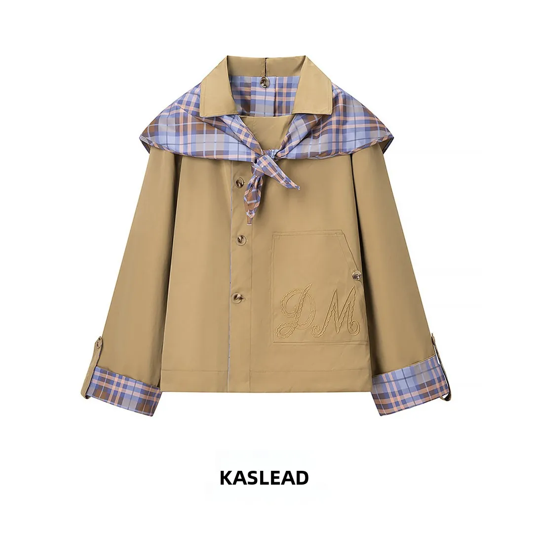 

KASLEAD Новая женская модная простая двусторонняя одежда в клетку с вышивкой Jaet Street Sle Long Sve отложной воротник