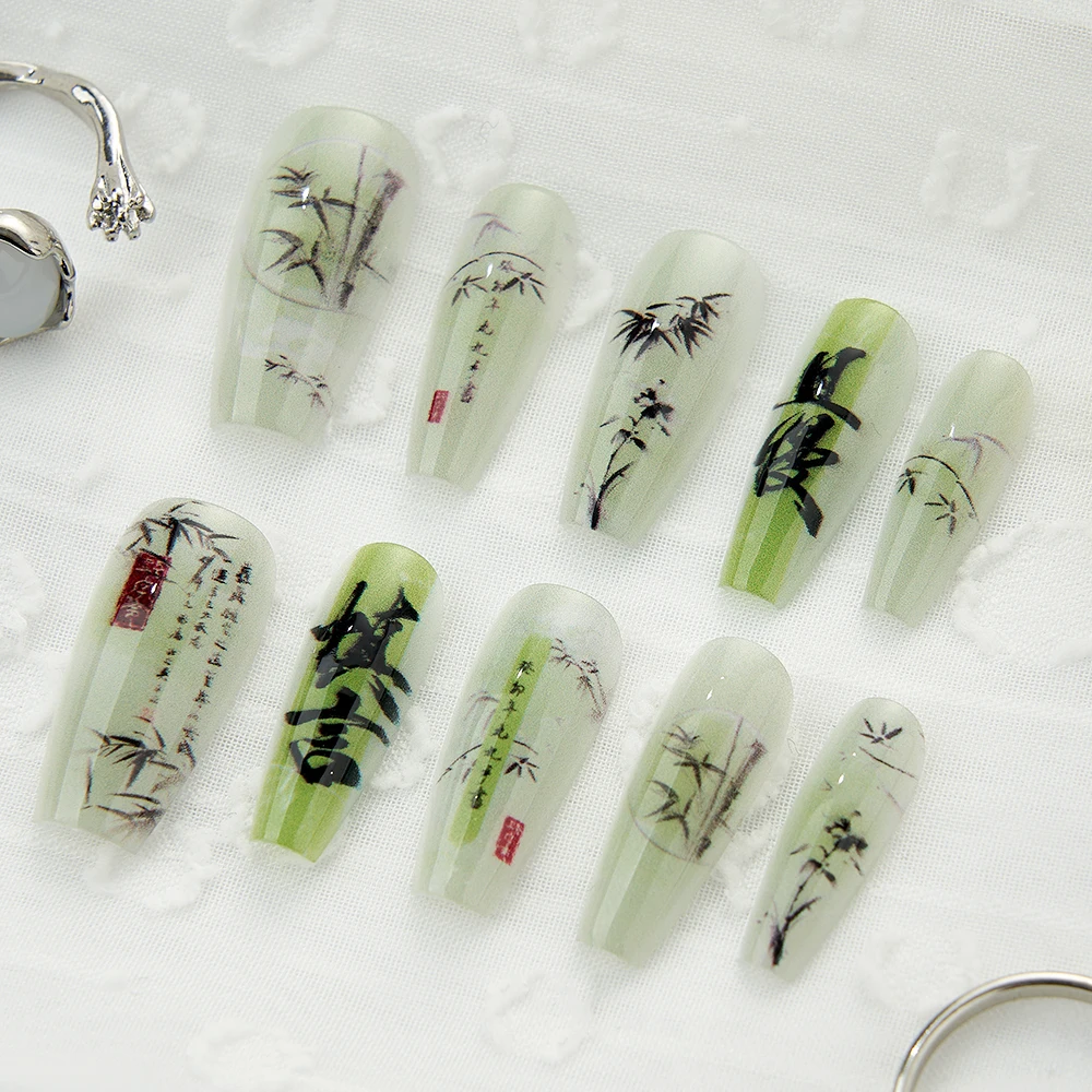 10PCS Long Press on Nails Set Bamboo Poetry Chinese Acrylic Fake Nails with Glue Reusable Stick on Nails Art