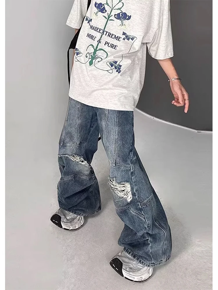 

Мужские джинсы Cleanfit из денима с эффектом потертости, сильной обработкой и широкими штанинами, длиной в пол, в стиле хип-хоп, уличный стиль, молодежная мода