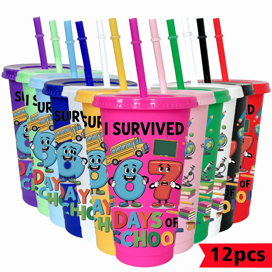 

12Pcs/pack school bus pattern 26oz colorful plastic tumbler birthday party drinking utensils homecoming water cup