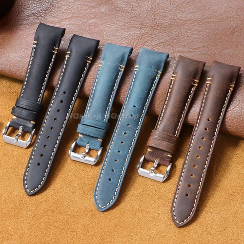 Imagen 2 del producto Correa de cuero hecha a mano de 20mm y 22mm, correa de reloj de piel de becerro con cera de aceite Retro con extremo curvado de alta calidad para Seiko para pulsera Universal Omega