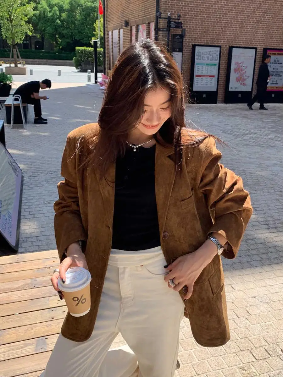 

Luu Suede Outerwear Jaet Women's Loose Casual Brown Suiting Commute Sle Polyester Fabric Long Sve Single Button