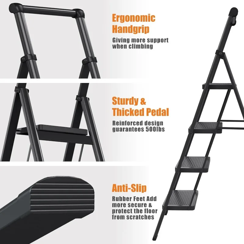 Ladder  4 Step Ladder, 4 Step Stool Folding Step Stool with Handrails, Sturdy  Stool for Adult, Ladders 500LBS