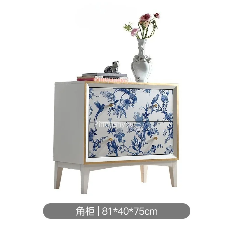 Blue and white porcelain white solid wood multi-purpose cabinet, entrance cabinet, storage, decorative cabinet, small chest