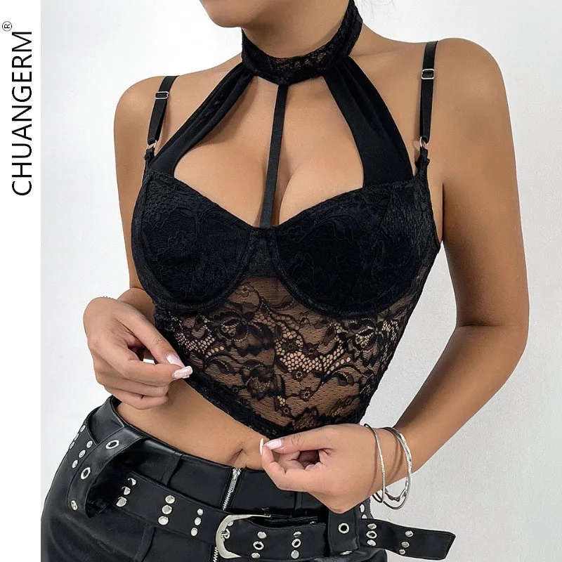 

CHUANGERM Sexy Bare Shoulder Embroidery Lace Hollowing Mesh See Through Slim Bustier Crop Top Sheer Halter Backless Vest Corset