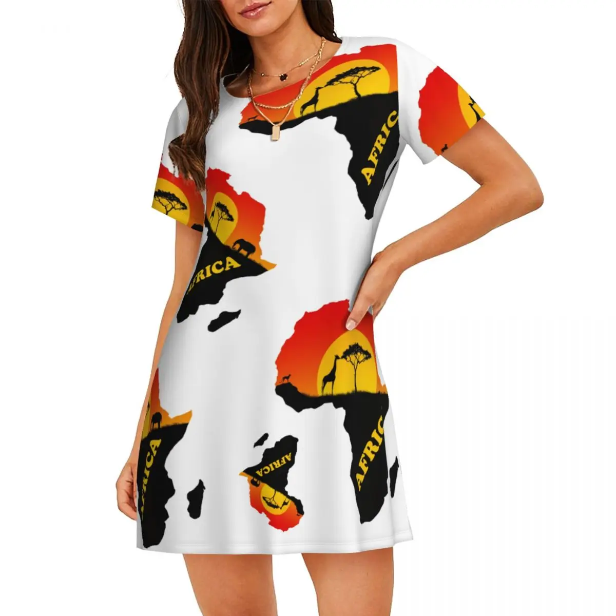 

Custom Cool Africa Map Safari Animals Sunset Pattern Women Short Sleeve Nightdress Soft Nightdress For Sleeping Sleepshirts