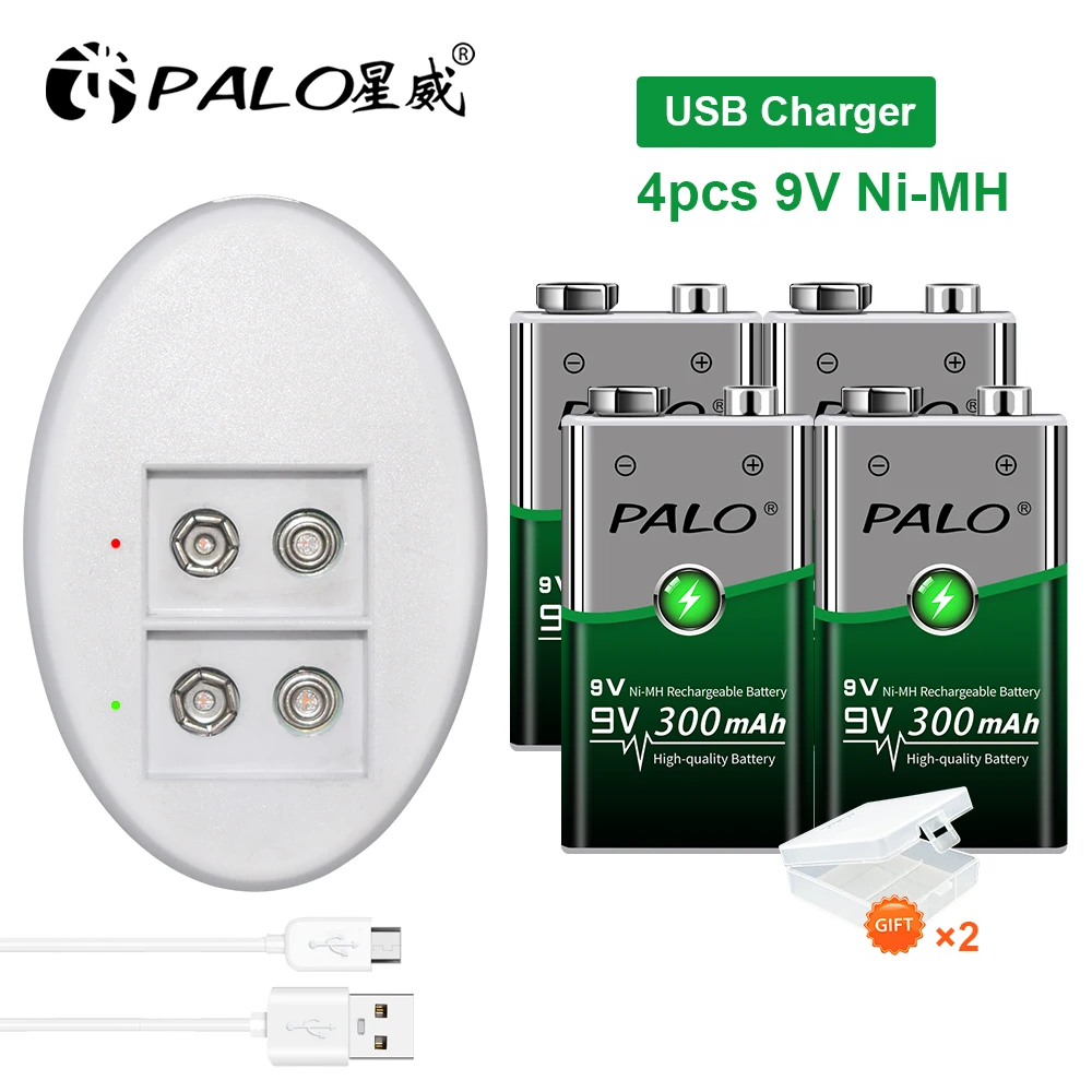 Palo 2-8pcs 300mah 9V nimh battery rechargeable 9V battery 6f22+usb 9V battery charger for 9V nimh li-ion rechargeable battery