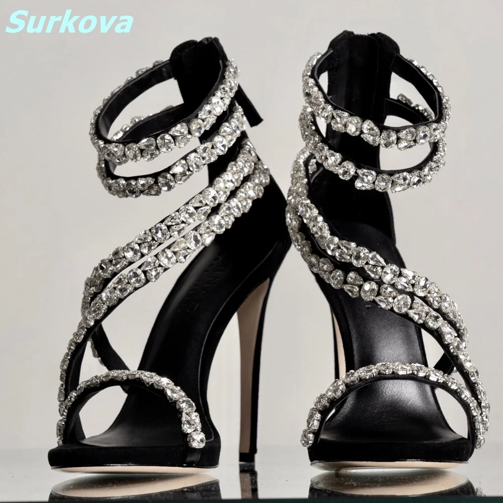 Bling Rhinestone Bordered Sandals Round Toe Ankle Strap Rear Zipper Thin High Heels Summer Fashion Sexy Plus Size Women Shoes