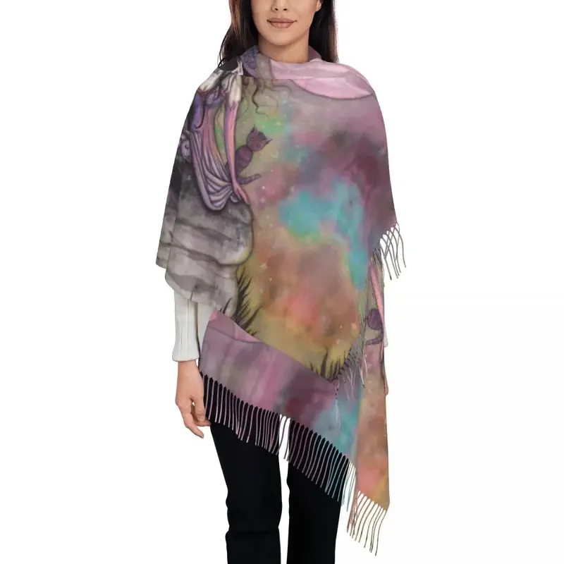 Enchanted twilight witch cat fantasy art tassel scarf women soft Halloween shawl wrap Lady winter fall scarves