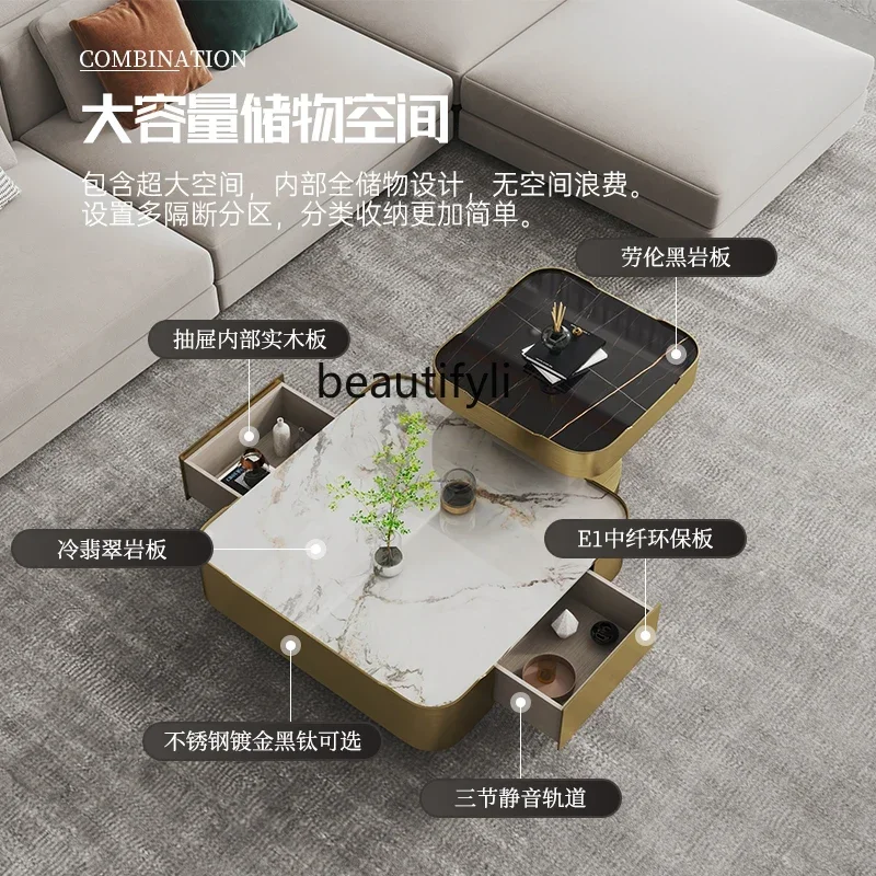 

newLight luxury rock plate coffee table Italian minimalist small apartment living room square high-end stainless steel edge tabl