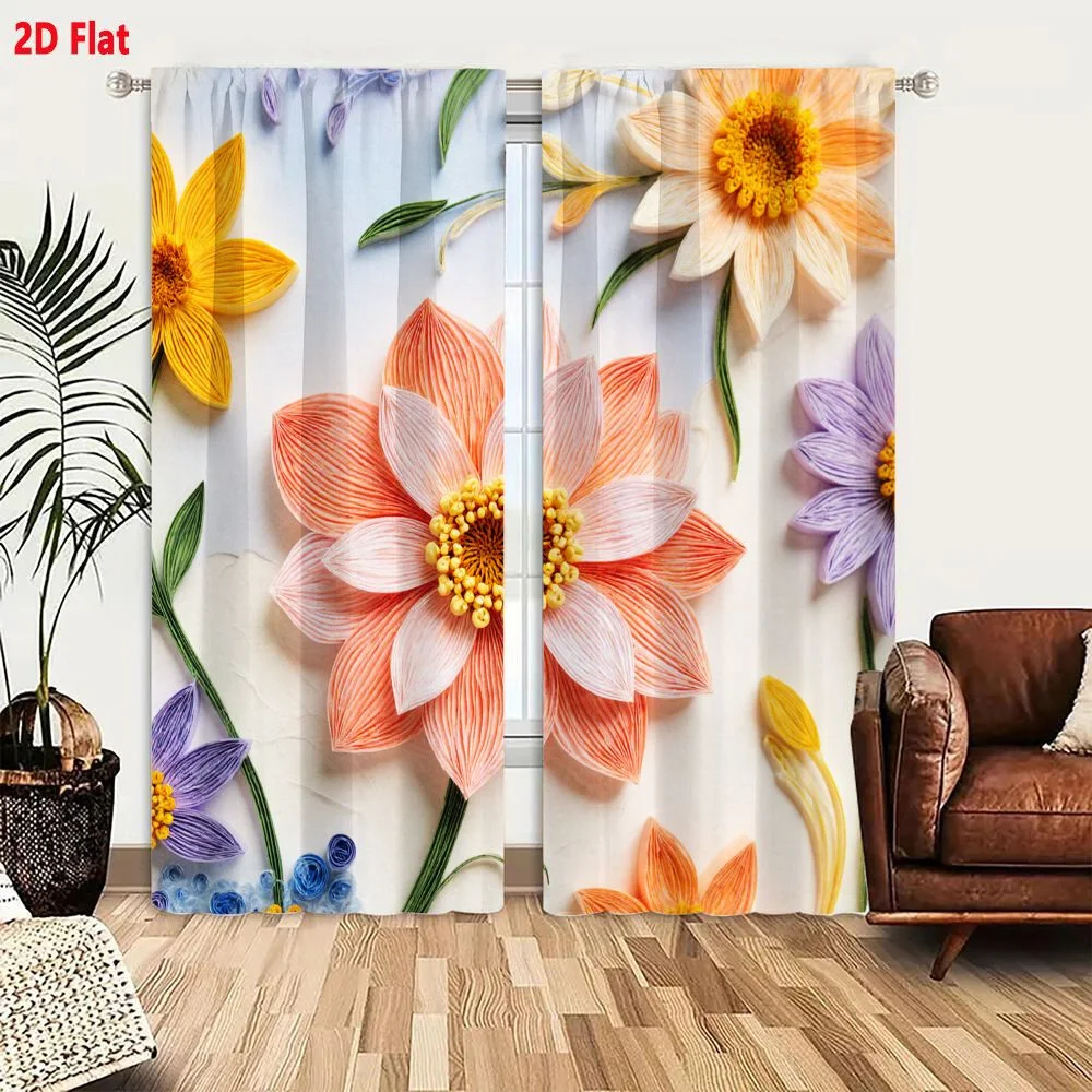2Pcs Curtains 2D Flat Quilling Artwork Detailed Flowers Leaves Peach Pink Yellow Purple Blue Buds Stems Light Blue White Gradien