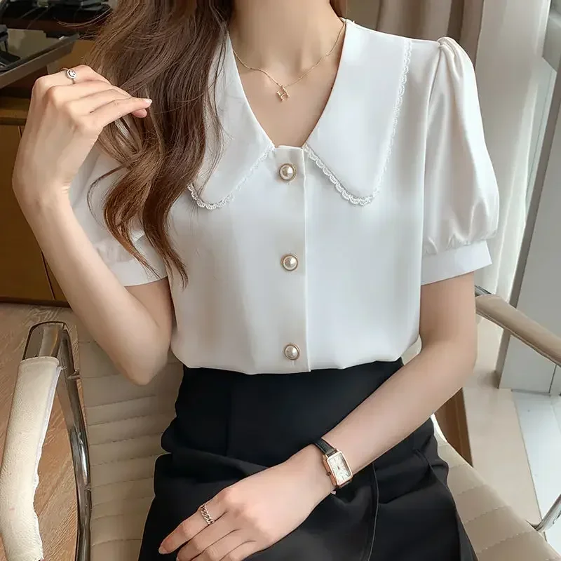 TPJB New Summer New Lace Doll Neck Chiffon Shirt Tops Puff Sleeve Loose Solid Color Blouse Simplicity Fashion Women Clothing