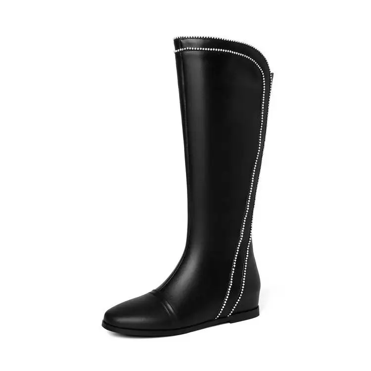 2026 Women's Shoes Genuine Leather Knee High Boots Flat Heel Rhinestone Trim Elegant Side Zipper Dress Boots for Winter Fashion