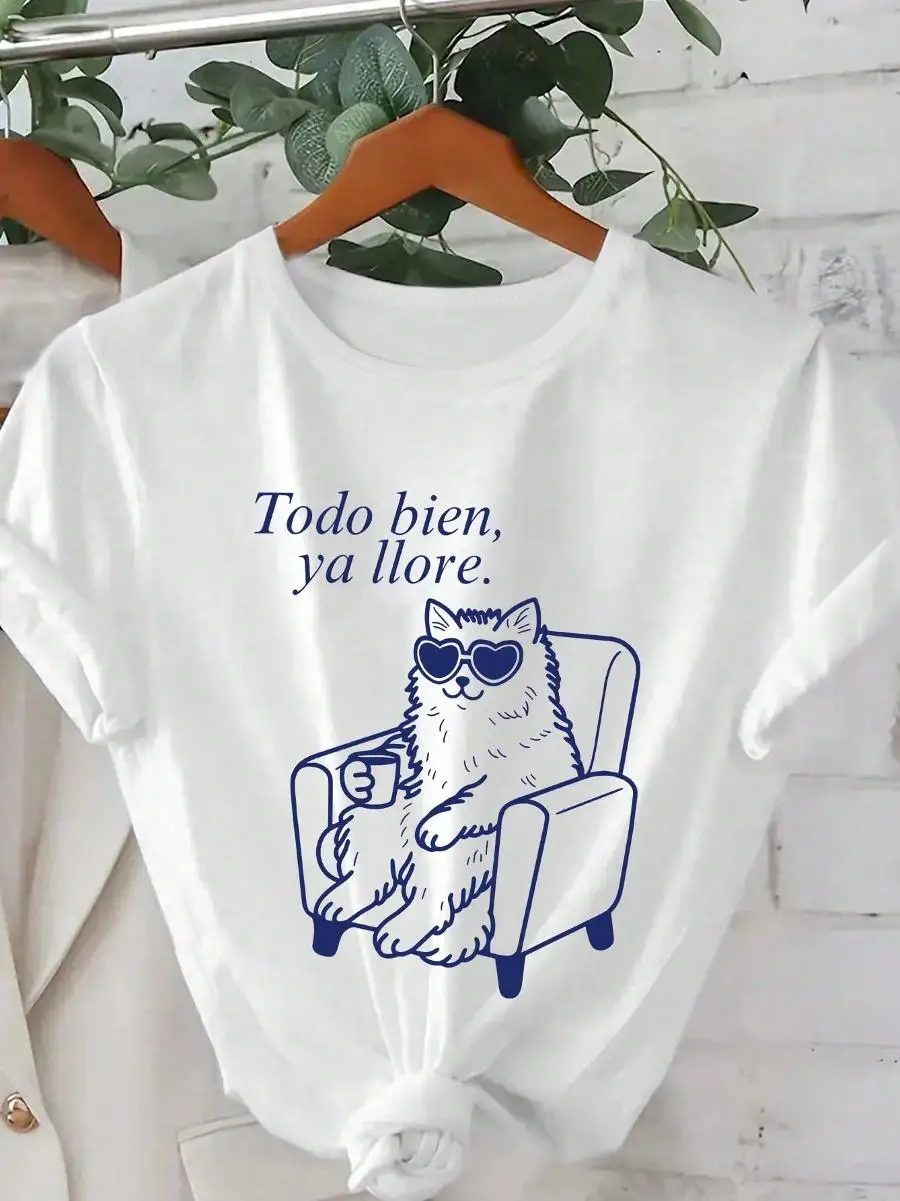 Women s Casual I ve Cried Enough Cat Heart Sunglasses Coffee Graphic Round Neck Short Sleeve T-Shirt, Suitable For Spring, Summer, Autumn, Valent