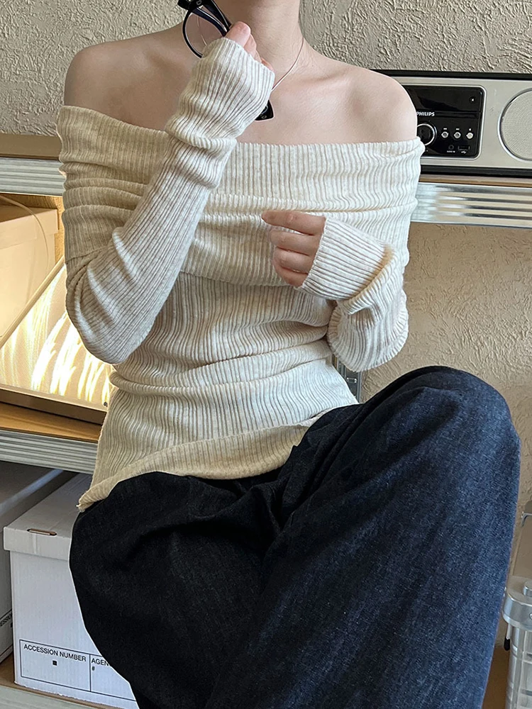 [EAM] Red Gray Elegant  Knitting Sweater Slash Neck Long Sleeve Women Pullovers New Fashion Tide Spring Autumn 2024 1DH7608