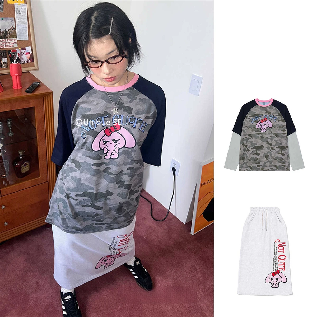 Street Sle Retro Rabbit Long Sve T-irt Casual High Waist Straight Leg Skirt Two Piece Suit Korean Loose Fit Youthful