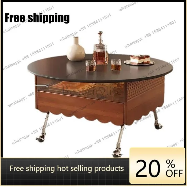 HOT boxwood solid wood coffee table living room multi-functional lifting mobile medieval retro rock slab coffee table