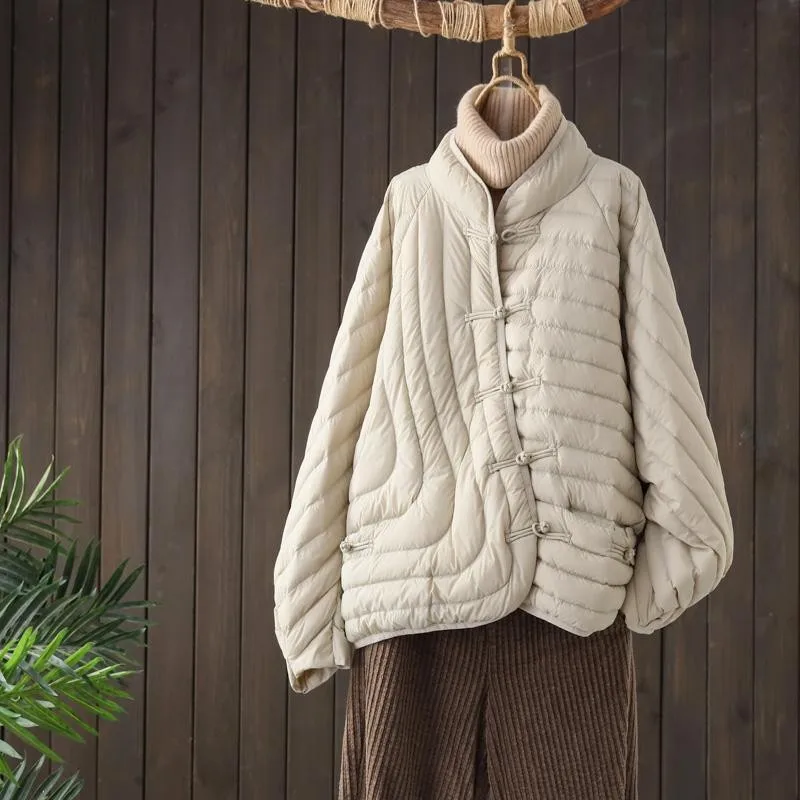 Women's Retro Lightweight Down Jacket Short Outerwear New Loose Versatile White Duck Down Coat Ethnic Style Puffer Jacket Winter