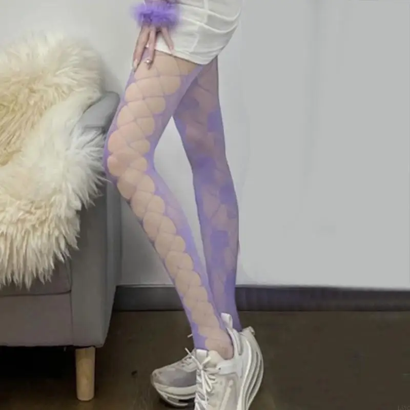 L5YC Women Sexy Colorful Fishnet Pantyhose Rose Jacquard Side Hollow Out for Cross Ti