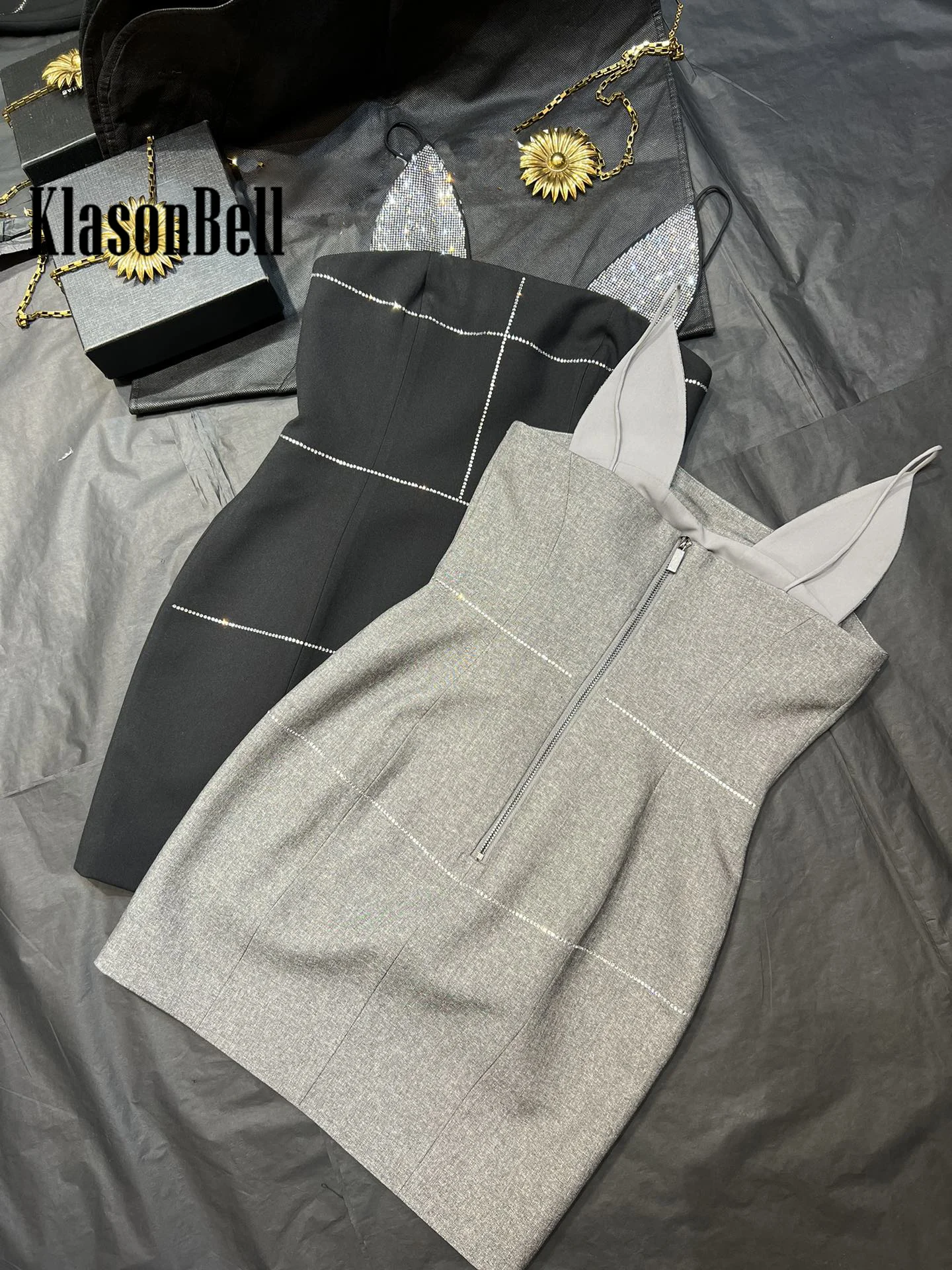 9.30 KlasonBell-Women Fashion Diamonds Spaghetti Strap Collect Waist Mini Dress Sexy Backless Sleeveless Short Dress