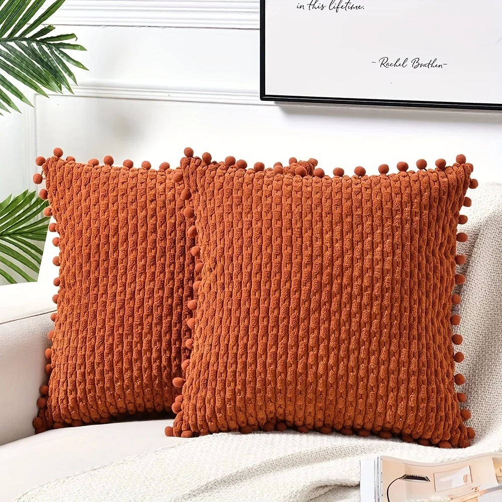 Orange Fall Pom-Pom Throw Pillow Covers 18x18 Inch - Soft Plush Corduroy, Rustic Farmhouse Boho Cushion Cover 30x50CM/40x40CM