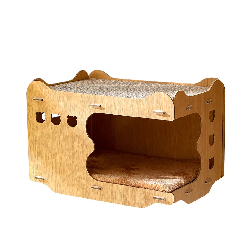 Wooden Cat House Corrugated Cardboard Cat Scratching Board Removable Wear-resistant No Dander Vertical Double Stacking Cat House