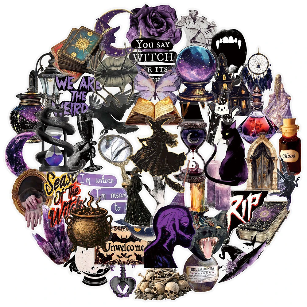 10/30/50pcs Vintage Horror Skeleton Stickers Gothic Magic Witch Purple Transparency Decal for Diary Phone Car Cool Sticker Gifts
