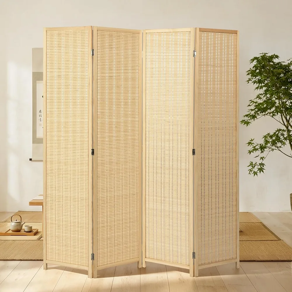 4 Panel Bamboo Room Divider, Folding Privacy Screen, Natural Finish
