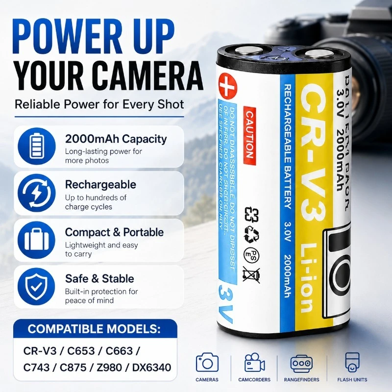 2000mAh CR-V3 CRV3 Rechargeable Lithium Power Pack for Digital Cameras C653 C663 C743 C875 Z980 Long Lasting Camera Battery