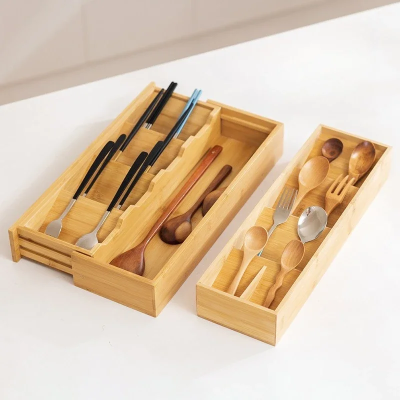 Kitchen Cutlery Box Bamboo Storage Box Chopstick Fork Telescopic Drawer Storage Rack Kitchen Organizer Home Organizer