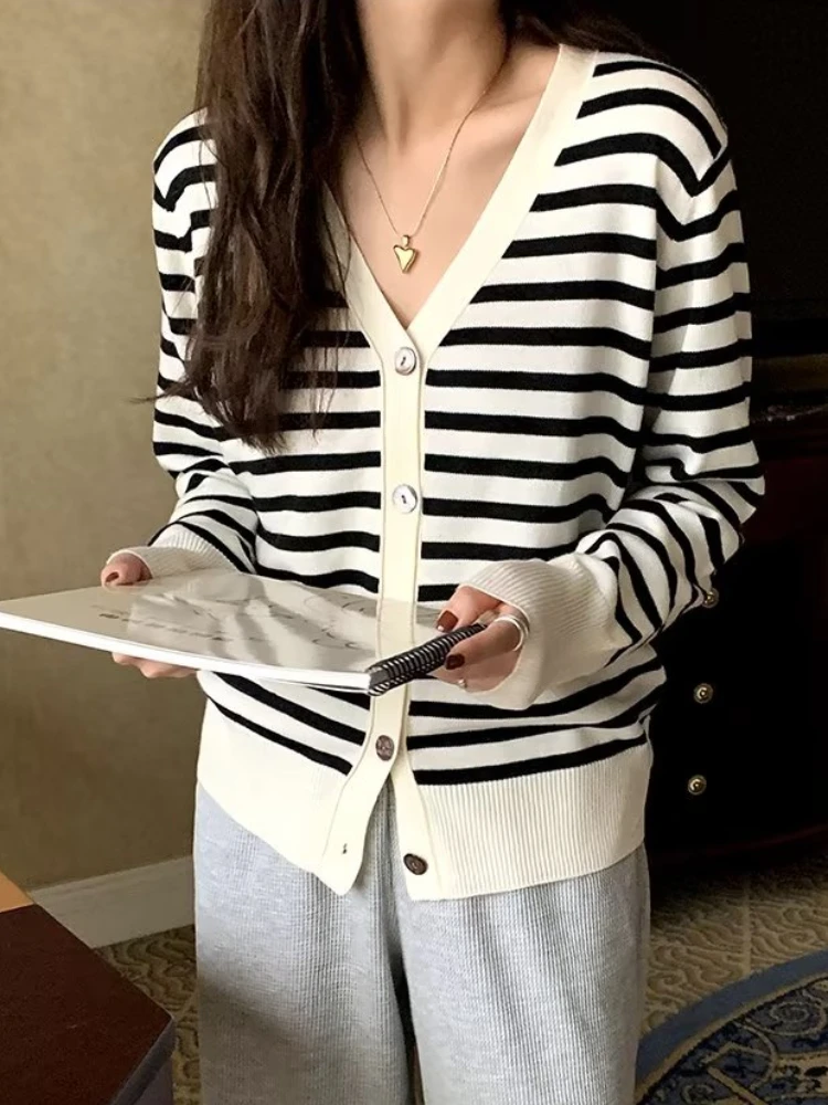 S-5XL Cardigan Women Striped Chic Autumn Fashion Korean Style All-match Hot Sales Basic Minimalist Knitwear V-neck Elegant Lady