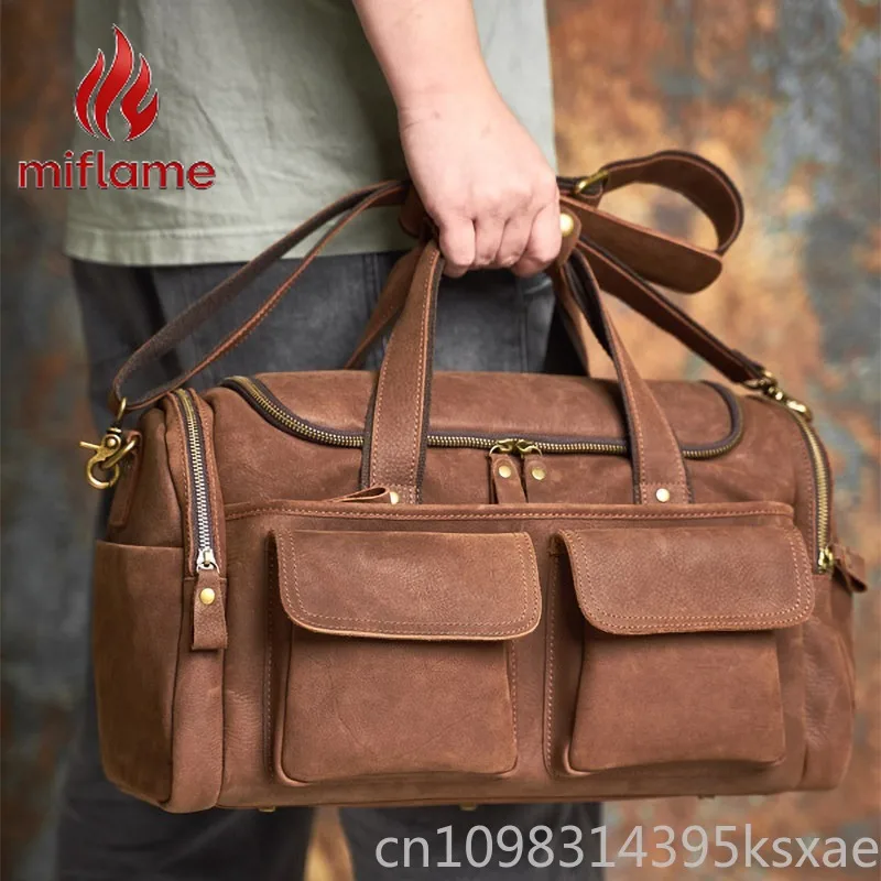 

Men's Leather Duffle Bag Large Capacity Genuine Top Grain Cowhide Retro Vintage Overnight Travel Bag For Gym Sports Weekend Trip