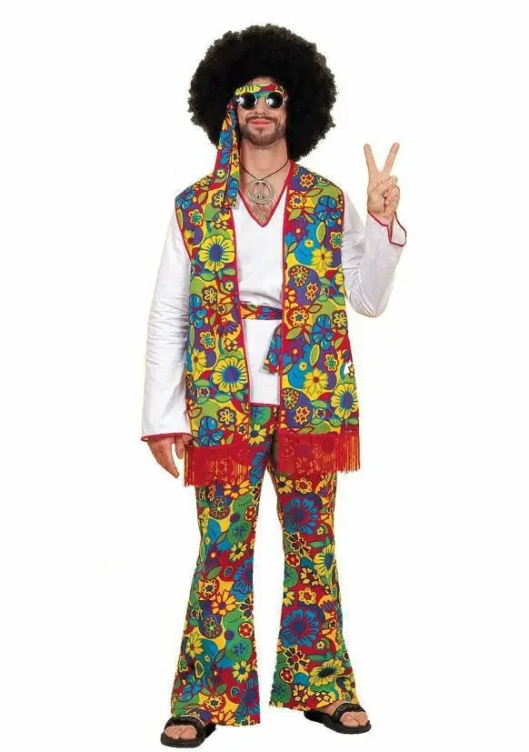 

Adult Man 60s 70s Hippie Cosplay Costume Disco Dancing Halloween Family Party Fantasia Fancy Dress