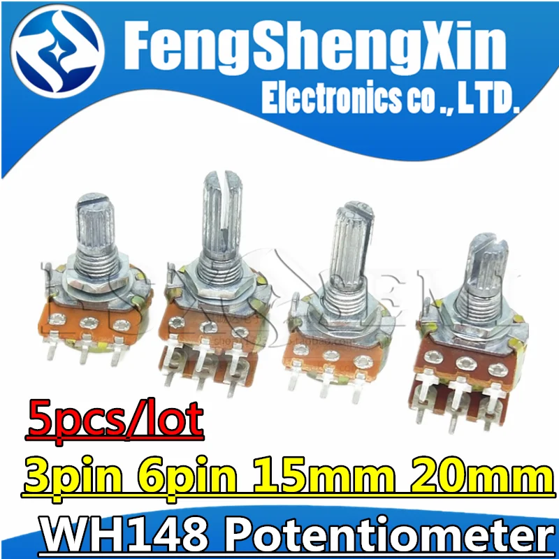 5 sztuk WH148 3pin 6pin 15mm 20mm 1K 2K 5K 10K 20K 50K 100K 250K 500K 1M Ohm liniowy stożek potencjometr obrotowy rezystor B50K B10K