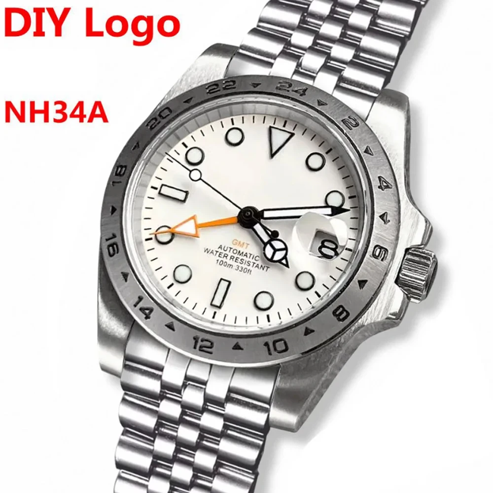 Custom Logo NH34A Men\'s Automatic Mechanical Watches GMT Watch White dial 39mm Sapphire Men 100M Waterproof Watch Reloj Hombre